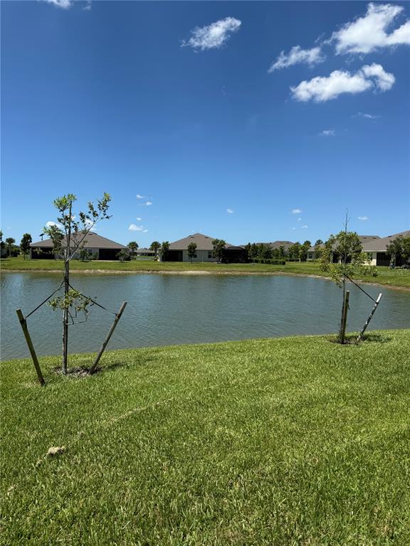 A grassy lawn overlooks a pond with young trees and houses in the background — 16058 BRIDLE RIDGE STREET, PORT CHARLOTTE, FL