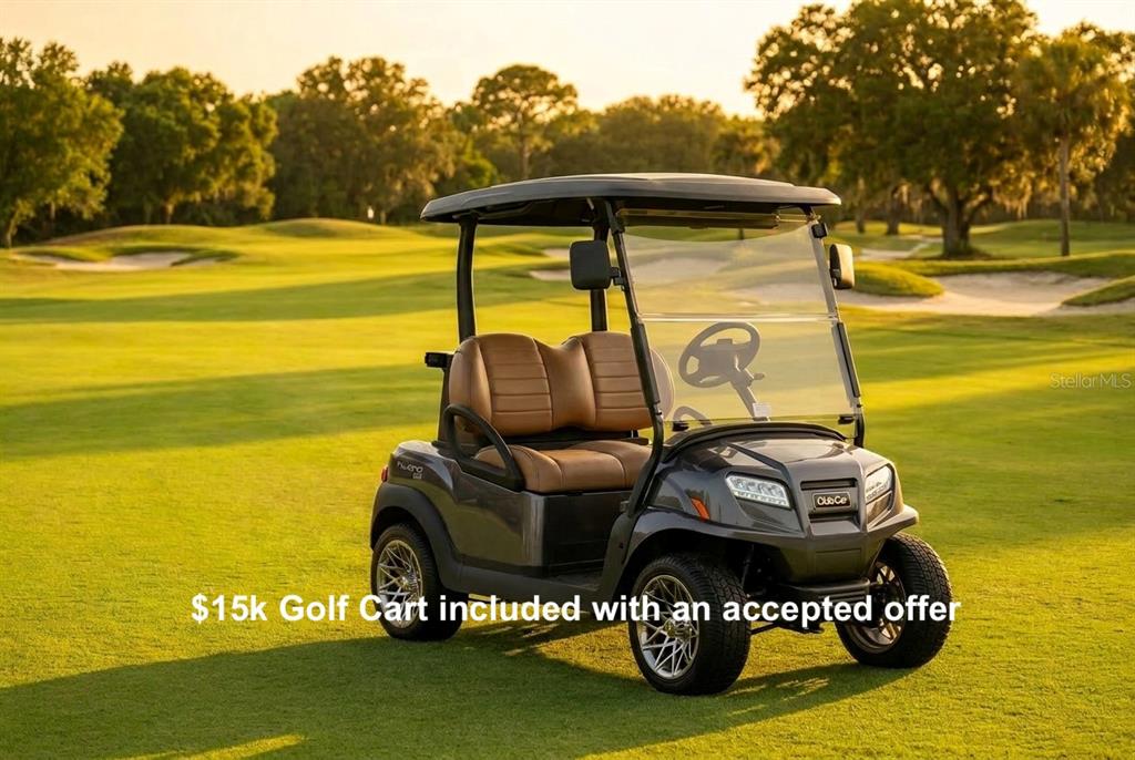 A dark gray golf cart with tan seats sits on a green golf course — 2920 CHERRY BLOSSOM LOOP, ST CLOUD, FL