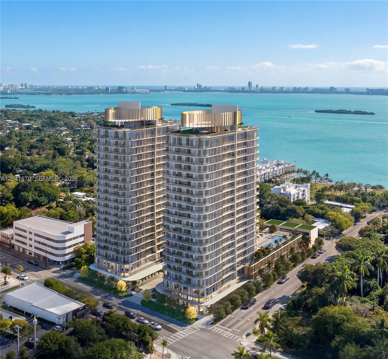 This is a rendering of two modern high-rise residential towers overlooking a bay — 3801 Biscayne Blvd # 902, Miami FL 33137, MIAMI, FL