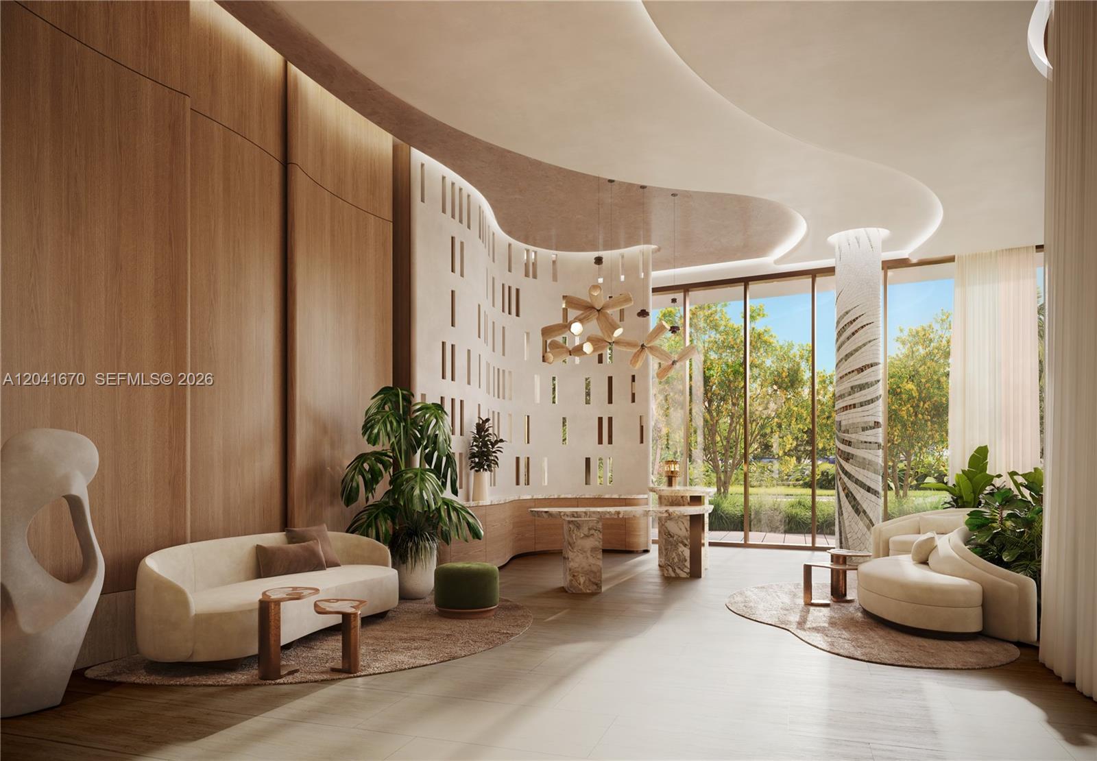This rendering shows a modern lobby with wood paneling, curved walls, and organic furniture — 3801 Biscayne Blvd # 902, Miami FL 33137, MIAMI, FL