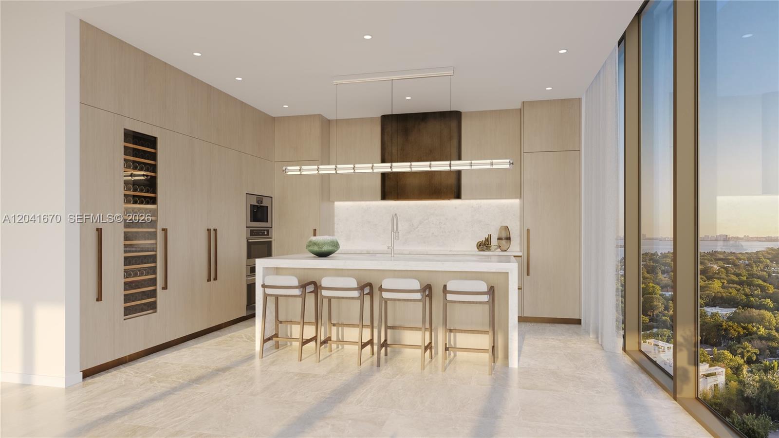 This rendering shows a modern kitchen with light wood cabinetry, a marble island, and floor-to-ceiling windows — 3801 Biscayne Blvd # 902, Miami FL 33137, MIAMI, FL