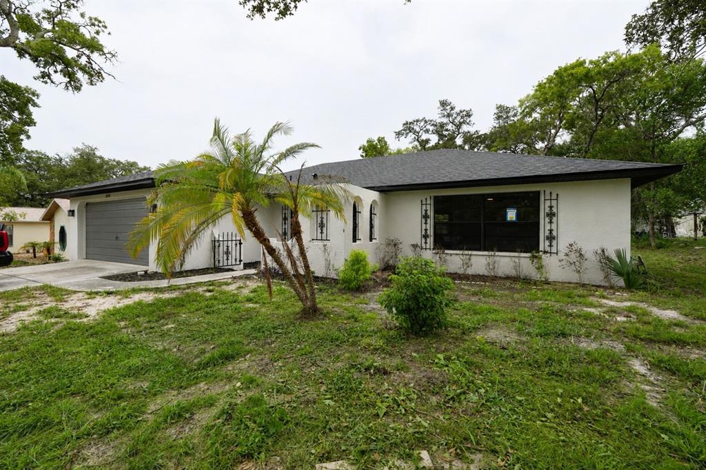 A single-story house with a white stucco exterior, a gray garage door, and a palm tree — 8081 WOODEN DRIVE, SPRING HILL, FL