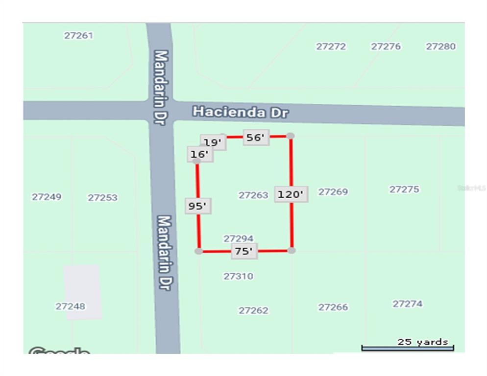 This is a map showing the property lines and dimensions of a residential lot — 27263 HACIENDA DRIVE, PUNTA GORDA, FL