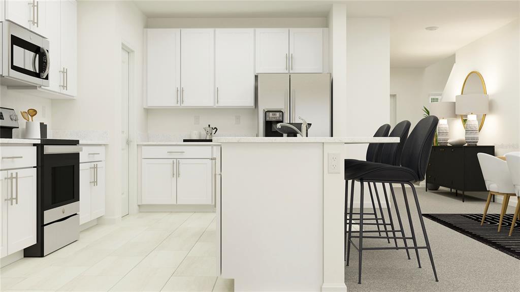 This is a digital rendering of a modern kitchen with white cabinetry and a breakfast island — 10162 ELDERFLOWER DRIVE, DADE CITY, FL