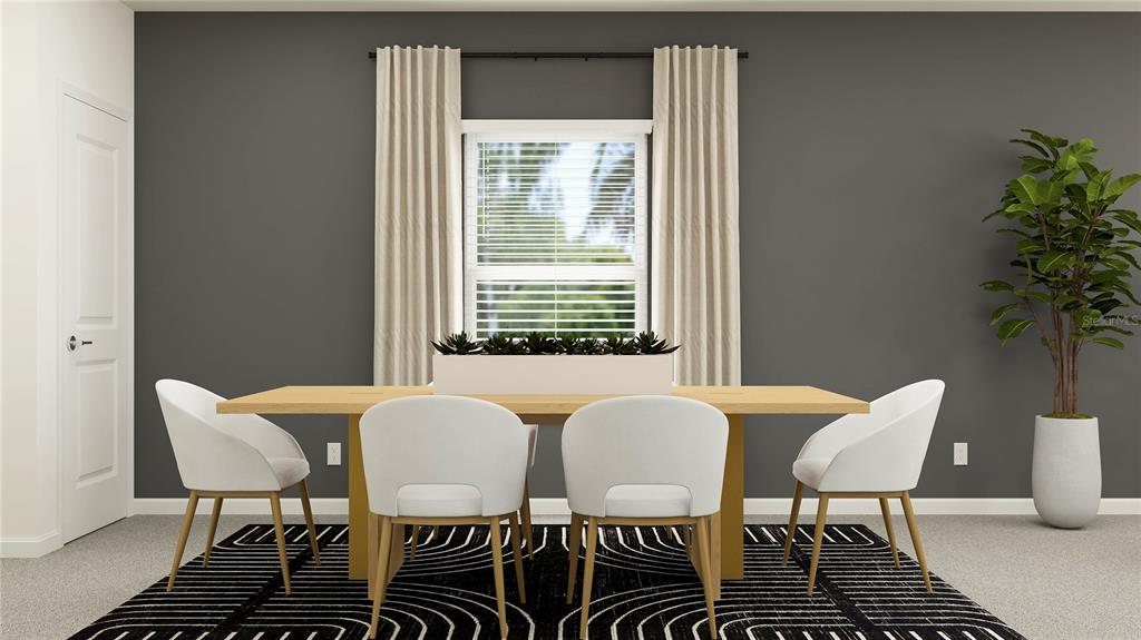 This rendering shows a dining room with a wooden table, four white chairs, and curtains — 10162 ELDERFLOWER DRIVE, DADE CITY, FL