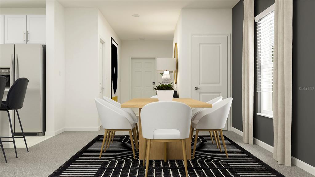 This is a digital rendering of a dining area with white chairs and a patterned rug — 10162 ELDERFLOWER DRIVE, DADE CITY, FL