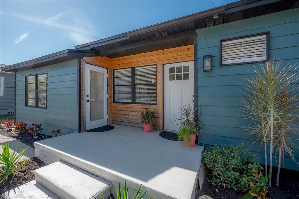 A concrete porch leads to two white doors on a house with blue siding — 4110 N MARGUERITE STREET, TAMPA, FL
