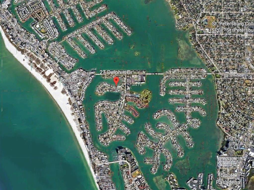 This is a satellite map view of a residential island community in Treasure Island, Florida — 27 DOLPHIN DRIVE, TREASURE ISLAND, FL