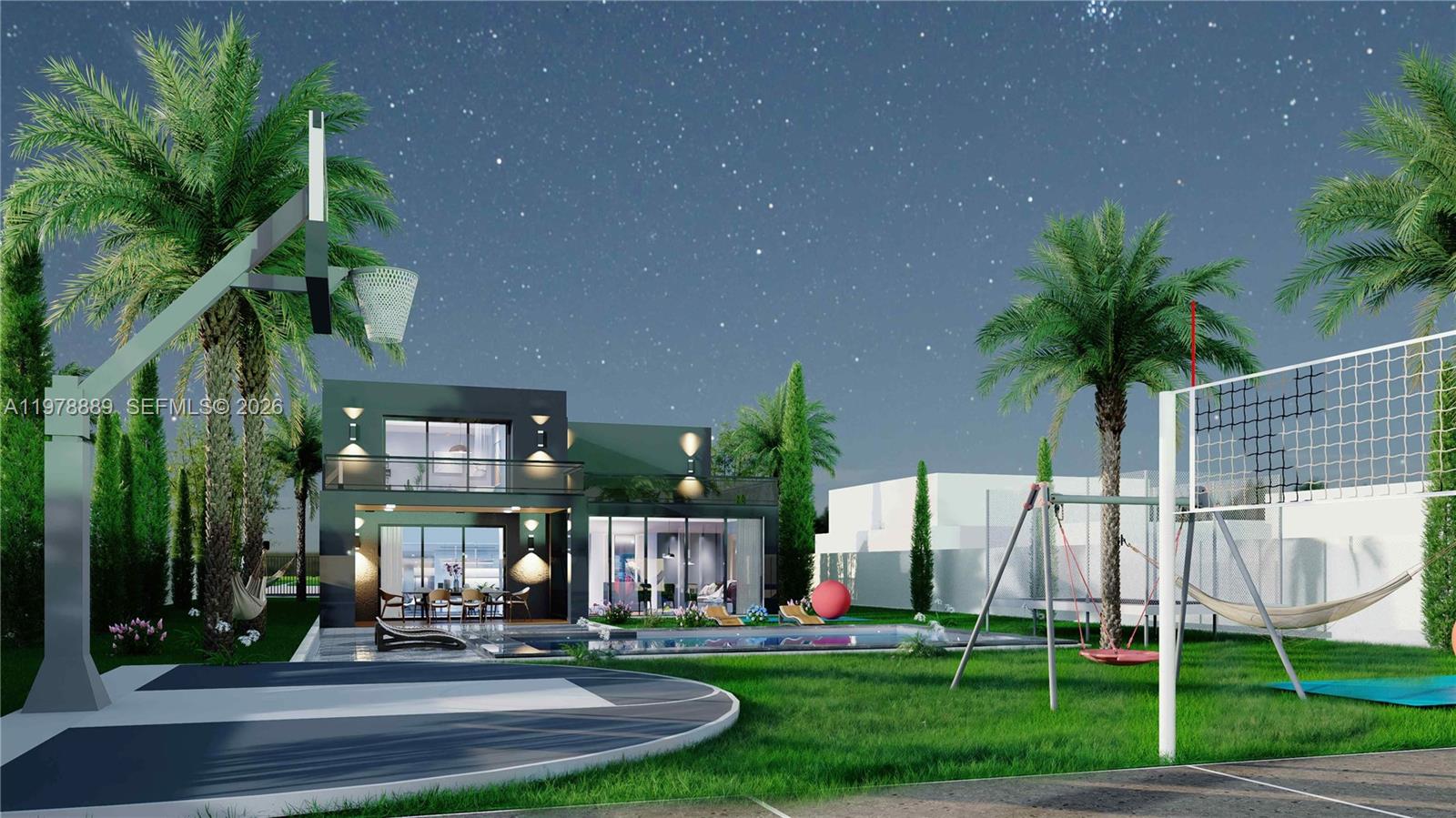 This is a rendering of a modern house exterior with a pool and sports court — 15207 NE 8th Ave, Miami FL 33162, MIAMI, FL