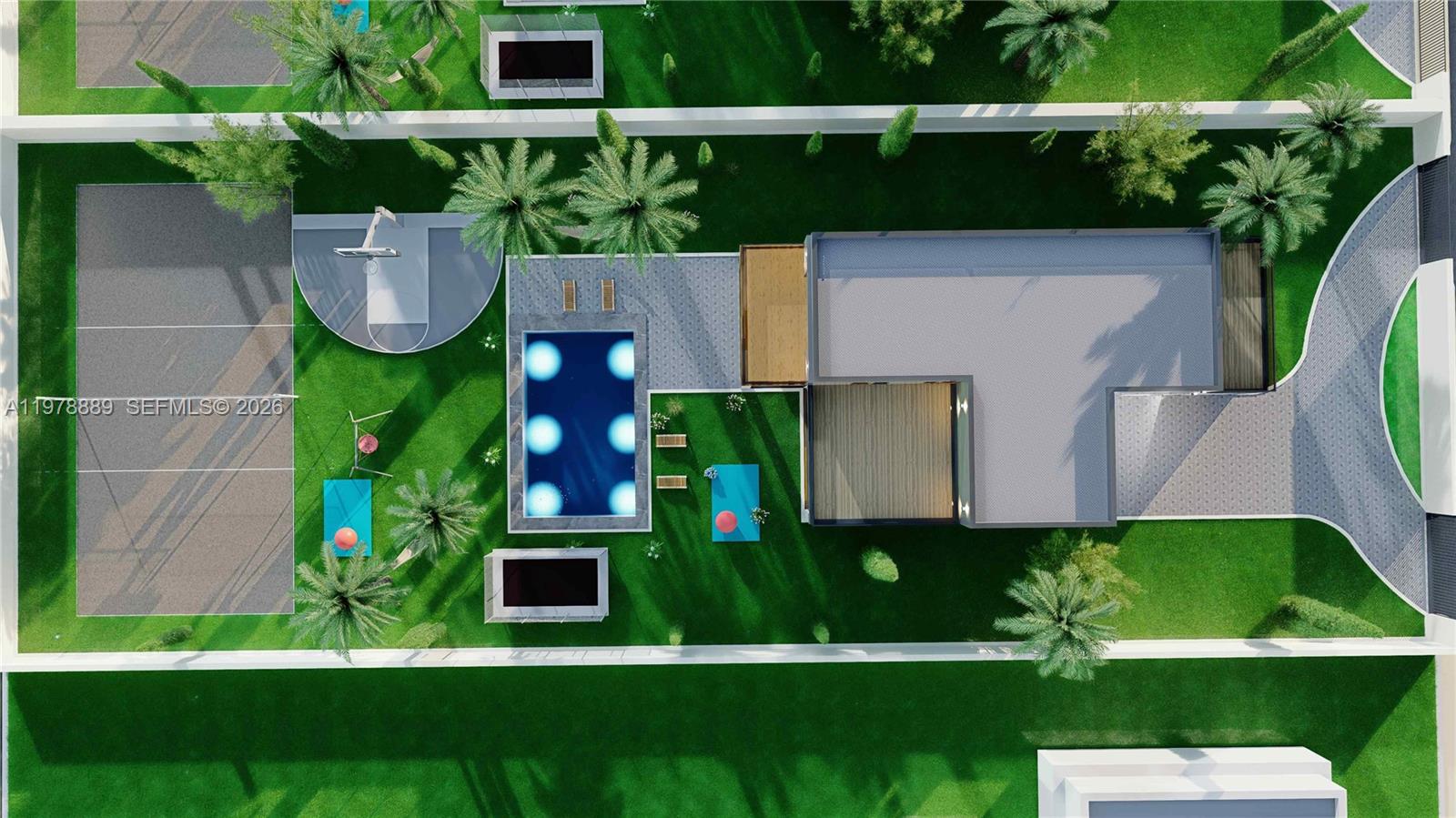 This is a top-down architectural rendering of a modern house with a pool and court — 15207 NE 8th Ave, Miami FL 33162, MIAMI, FL