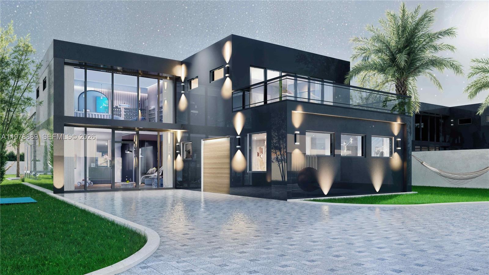 This is a rendering of a modern two-story black house with a glass balcony — 15207 NE 8th Ave, Miami FL 33162, MIAMI, FL
