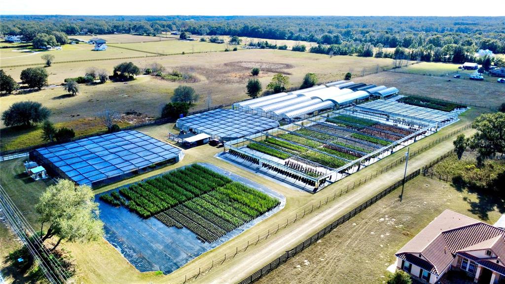 An aerial view shows a plant nursery with multiple greenhouses and outdoor rows of potted plants — 23010 WOLF BRANCH ROAD, SORRENTO, FL