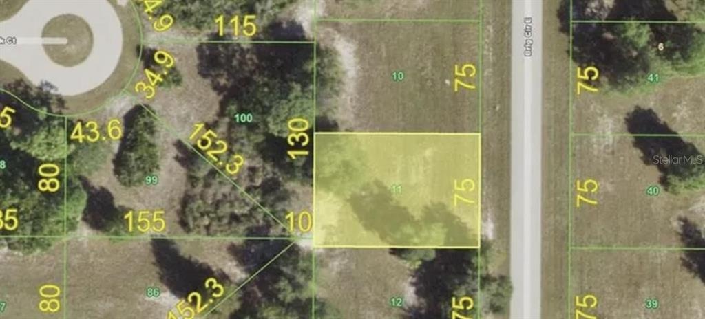 This is a map showing a rectangular plot of land highlighted in yellow — 108 BRIG CIRCLE E, PLACIDA, FL