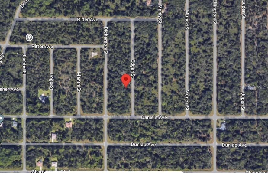 This is a satellite map view showing a vacant, wooded residential lot marked by a pin — 435 EDGAR STREET, PORT CHARLOTTE, FL
