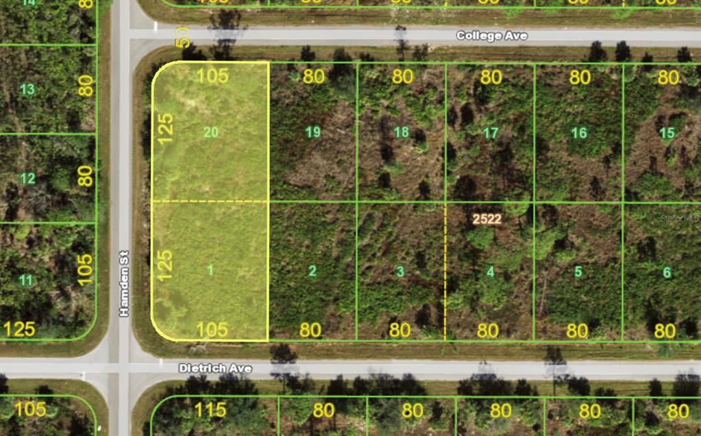 This is a map showing a corner lot and adjacent parcels of land — 12373 COLLEGE AVENUE, PORT CHARLOTTE, FL