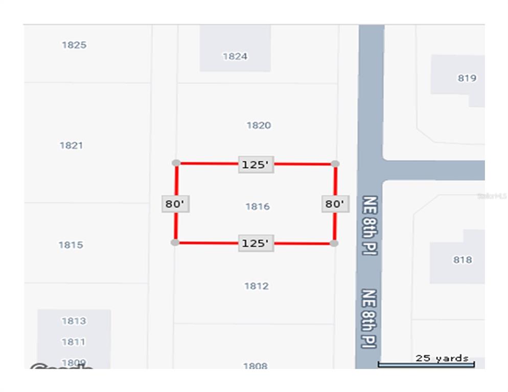 This is a map showing a rectangular property lot with dimensions of 125 by 80 feet — 1816 NE 8TH PLACE, CAPE CORAL, FL