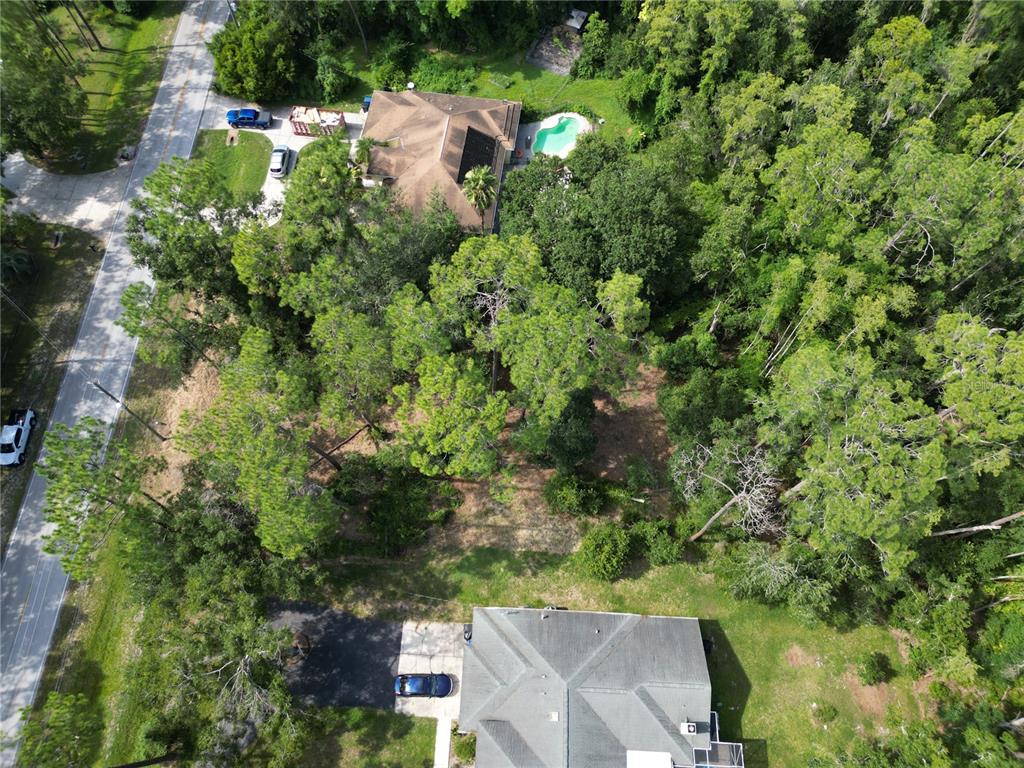 An aerial view shows two houses with pools and driveways surrounded by dense wooded areas — 6760 QUAIL HOLLOW BOULEVARD, WESLEY CHAPEL, FL