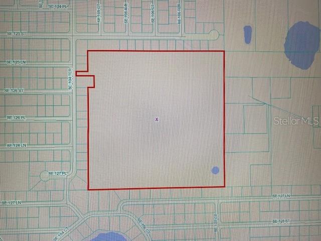 This is a map showing a large, rectangular parcel of land outlined in red — 12557 SE 104TH TERRACE, BELLEVIEW, FL