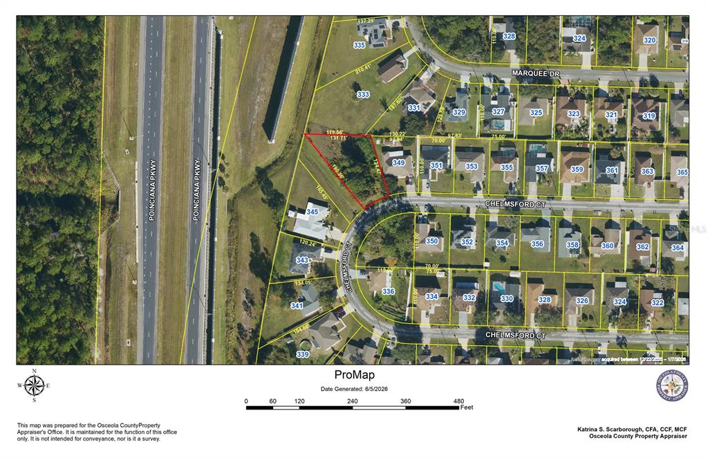 This is a property tax map showing residential lots along Chelmsford Court and Poinciana Parkway — CHELMSFORD, KISSIMMEE, FL