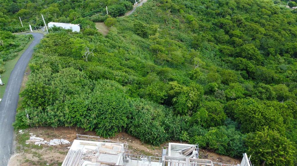 An aerial view shows a hillside lot with dense vegetation and a partially constructed building — 154 CALLE BASTIMIENTO, VIEQUES, PR