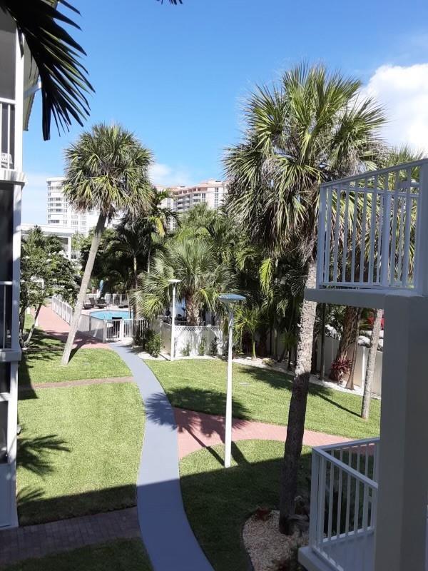 An elevated view of a grassy courtyard with palm trees, a walkway, and a swimming pool — 1439 S Ocean Boulevard # 217, Pompano Beach FL 33062, POMPANO BEACH, FL