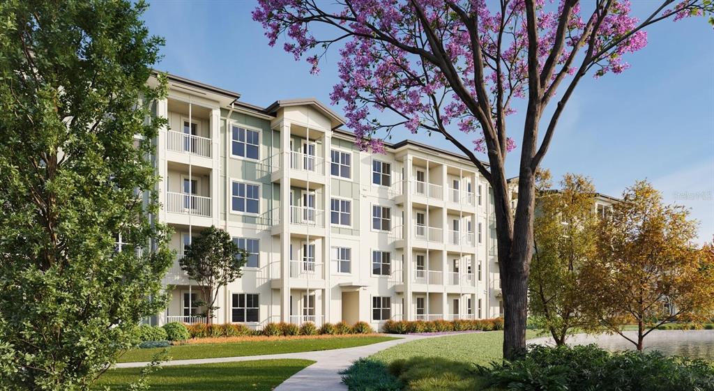 A digital rendering of a multi-story apartment building with balconies, landscaping, and a pond — 4005 BISMARK DRIVE UNIT A2L, KISSIMMEE, FL