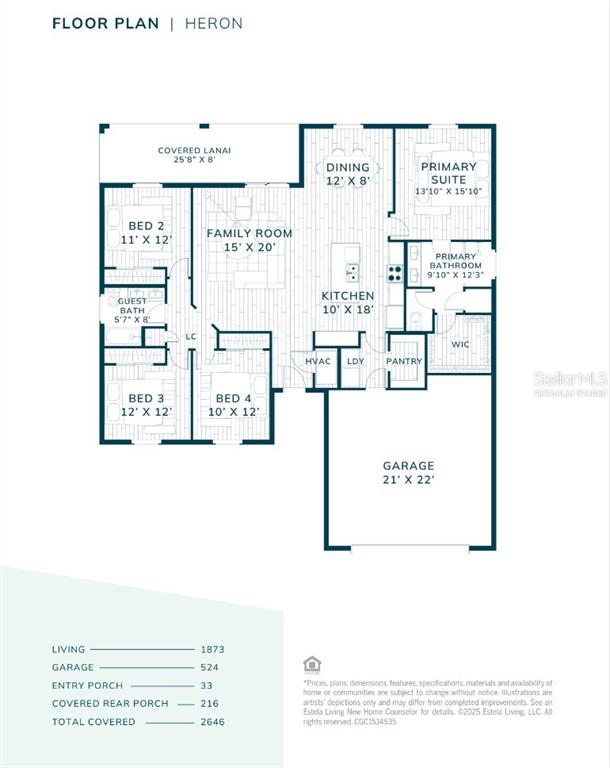 This is a floor plan for a residential home labeled Heron — 105 SELMA TRAIL, PALM COAST, FL