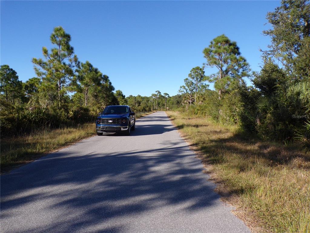 A blue pickup truck is parked on a paved road surrounded by trees and brush — 442 LACKLAND STREET, PORT CHARLOTTE, FL