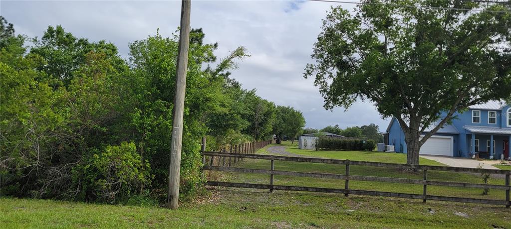 A wooden fence separates a grassy yard and a blue house from a wooded area — RALSTON STREET, ORLANDO, FL