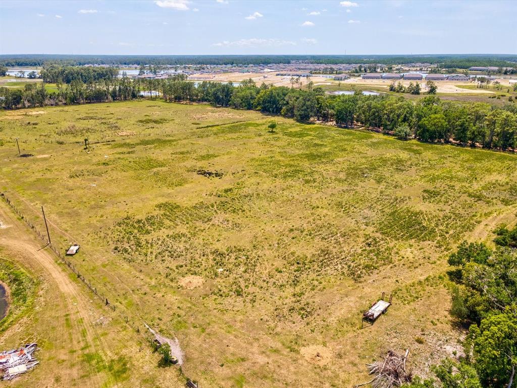 An aerial view of a large, grassy, undeveloped plot of land bordered by trees — 8989 EHREN CUTOFF, LAND O LAKES, FL