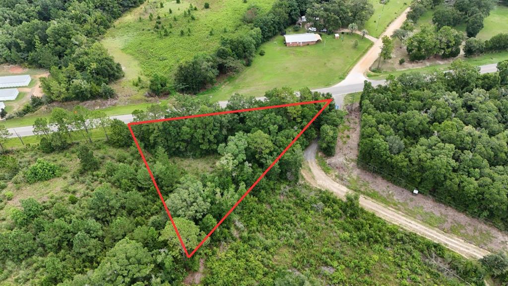 An aerial view shows a triangular plot of wooded land outlined in red — PATE POND ROAD, CARYVILLE, FL