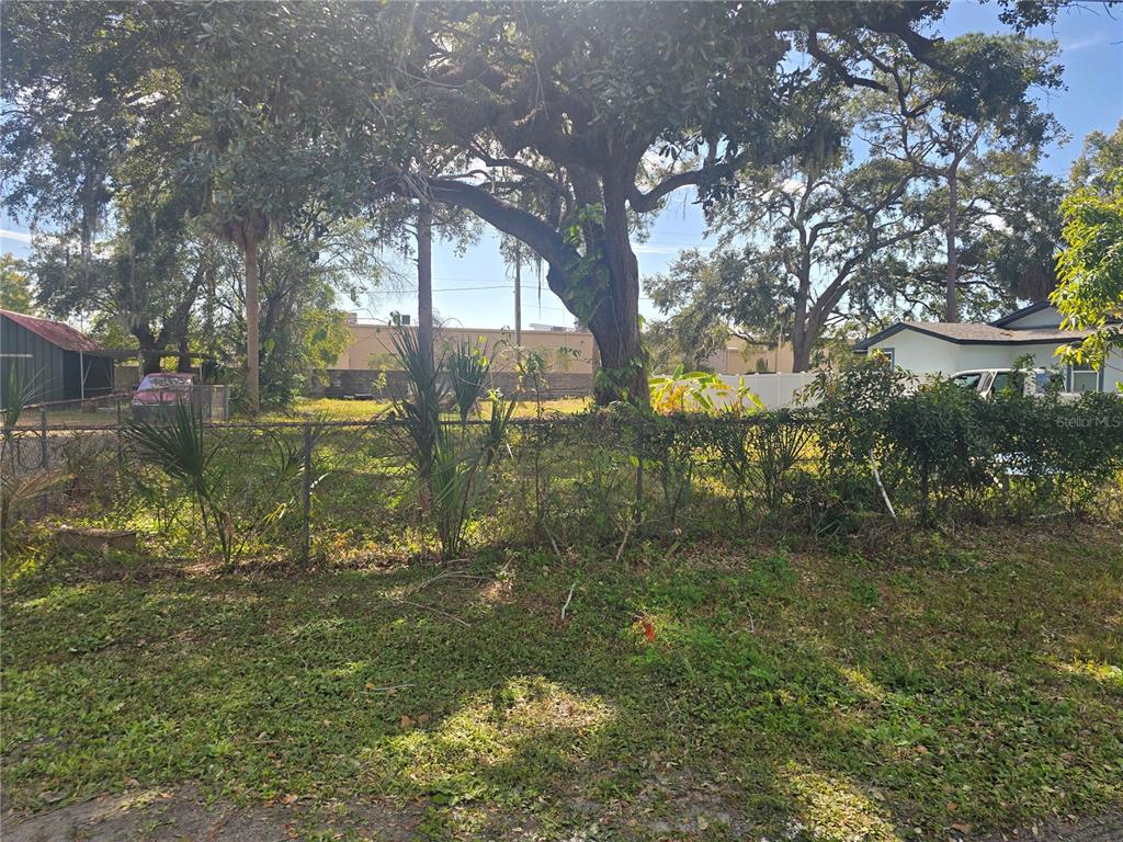 A fenced, grassy lot features a large oak tree and surrounding residential and commercial buildings — 8506 SUNBEAN LANE, TAMPA, FL