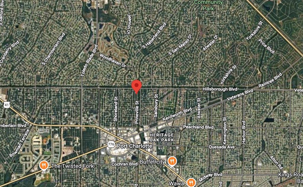 This is a satellite map showing residential streets and major roads in Port Charlotte, Florida — 73 PRINEVILLE STREET, PORT CHARLOTTE, FL