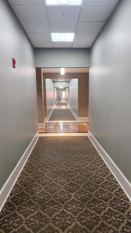 A long hallway features patterned carpet, light gray walls, and recessed ceiling lighting — 7065 WESTPOINTE BOULEVARD UNIT 305, ORLANDO, FL