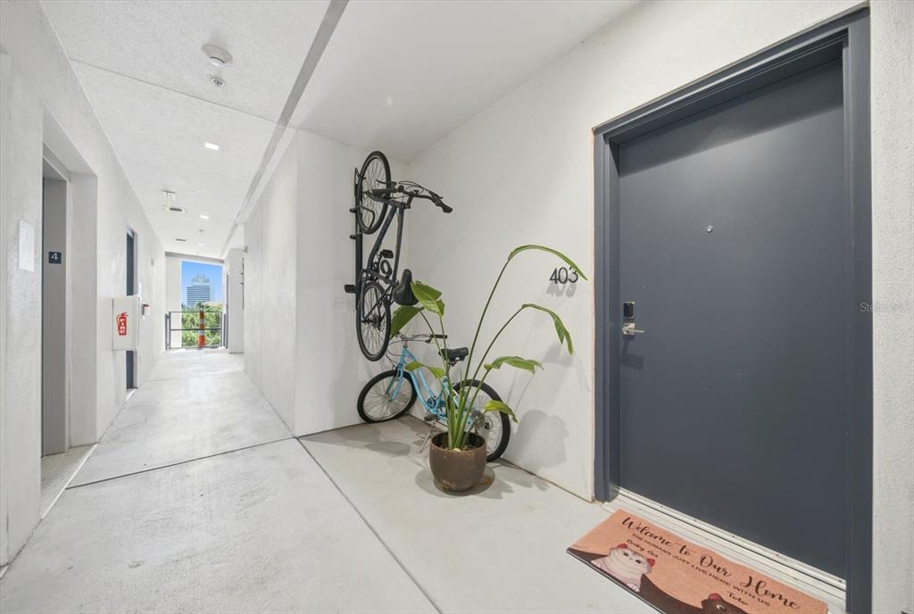 A hallway features a gray apartment door numbered 403, a potted plant, and two bicycles — 132 MIRROR LAKE UNIT 403, ST PETERSBURG, FL
