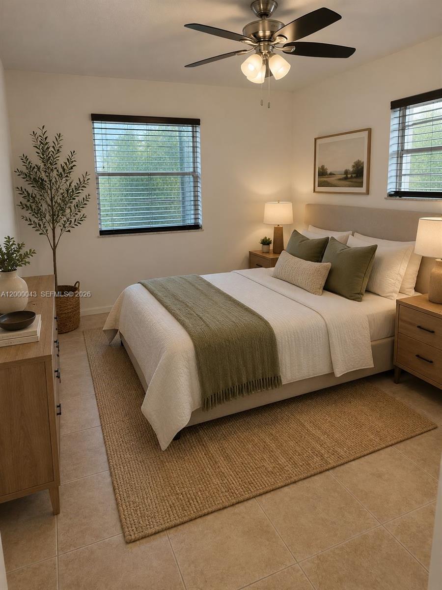 A bedroom features a queen bed, two nightstands, a dresser, and a ceiling fan — 9108 SW 137th Ter # 3, Miami FL 33176, MIAMI, FL