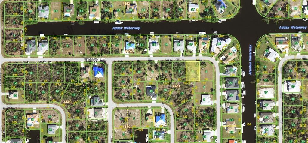 This is an aerial map showing residential lots and waterways in a suburban neighborhood — 15181 LYNEBURG AVENUE, PORT CHARLOTTE, FL