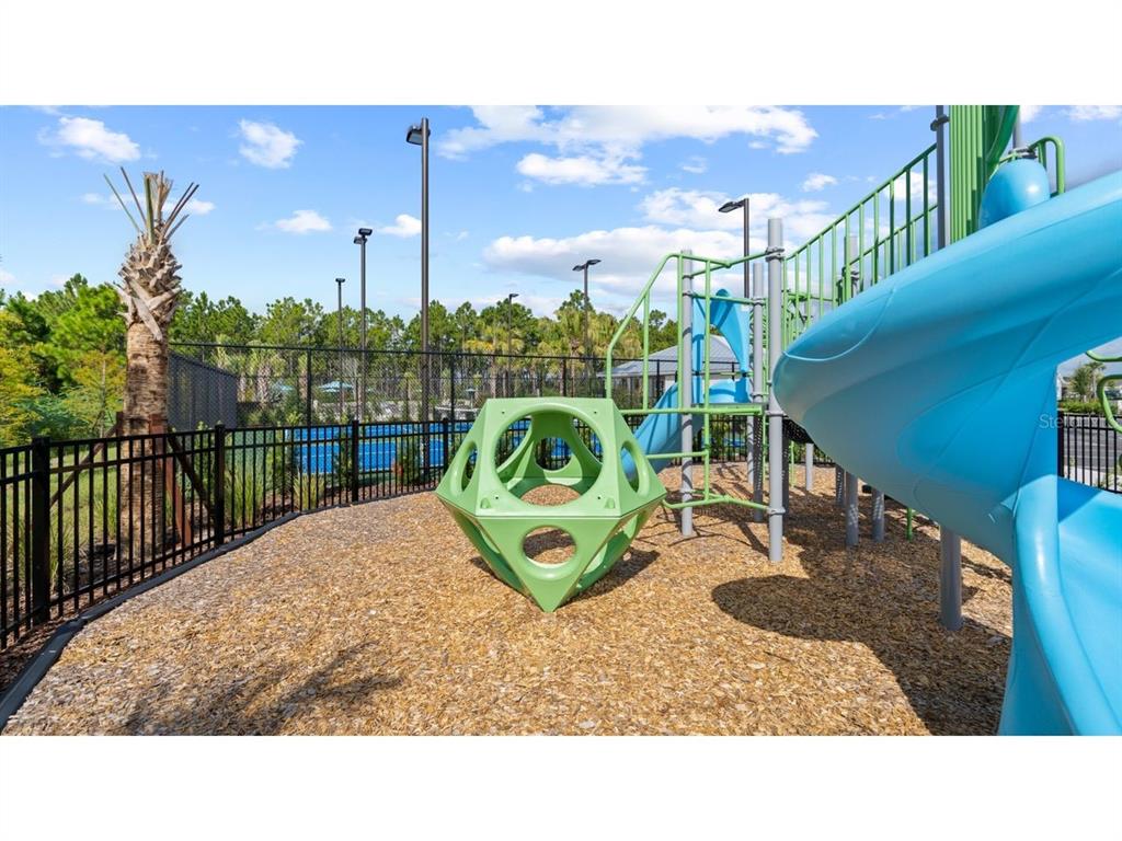 A playground features a green geometric climbing structure and a blue slide on wood chips — 22 GARNI DRIVE, PALM COAST, FL