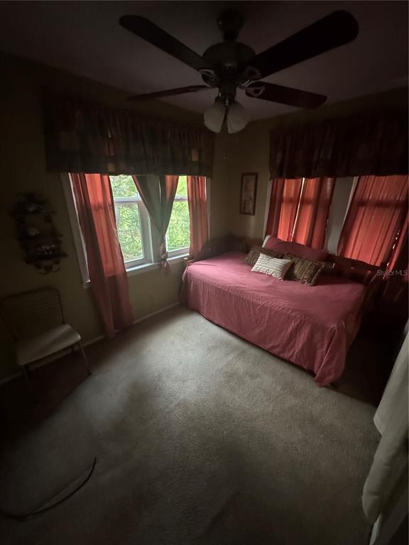 A bedroom features a daybed, a ceiling fan, and windows covered by dark red curtains — 3845 40TH AVENUE N, ST PETERSBURG, FL