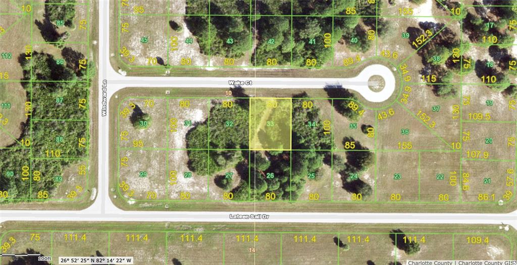 This is a map showing a highlighted residential lot on a suburban street — 7 WAKE COURT, PLACIDA, FL