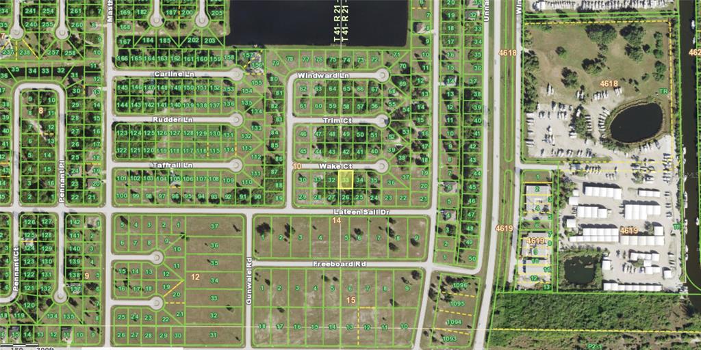 This is a map showing a residential neighborhood layout with numbered lots and street names — 7 WAKE COURT, PLACIDA, FL
