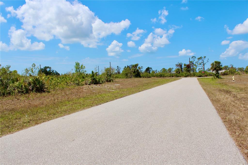 A paved road leads past a vacant, grassy lot with scattered shrubs and palm trees — 7 WAKE COURT, PLACIDA, FL