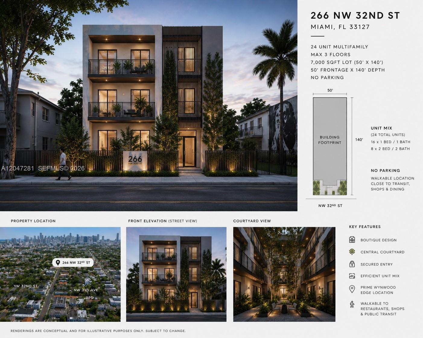 A rendering shows a three-story modern apartment building with a central courtyard and balconies — 266 NW 32nd St, Miami FL 33127, MIAMI, FL
