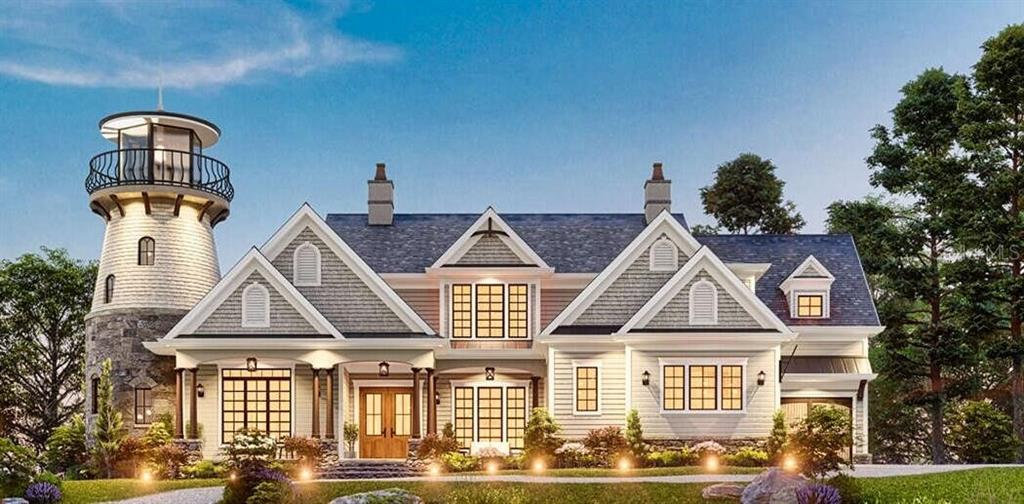 A digital rendering of a large, multi-story coastal-style house featuring an attached lighthouse tower — 34710 CLAYTON ROAD, DADE CITY, FL