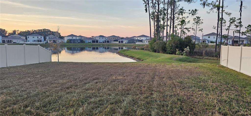 A grassy backyard overlooks a pond with houses in the background under a sunset sky — 1220 TAHITIAN SUNRISE DRIVE, PLANT CITY, FL