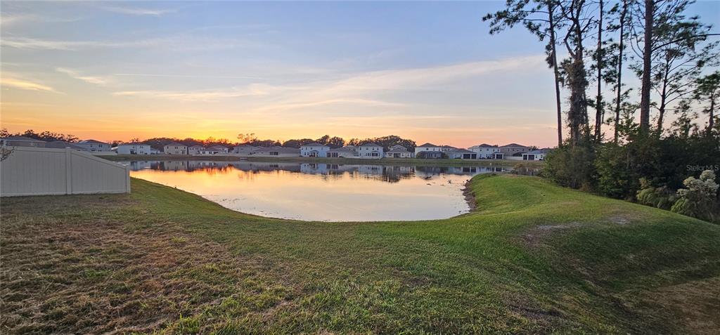 A view of a pond at sunset with houses in the background and a fence — 1220 TAHITIAN SUNRISE DRIVE, PLANT CITY, FL