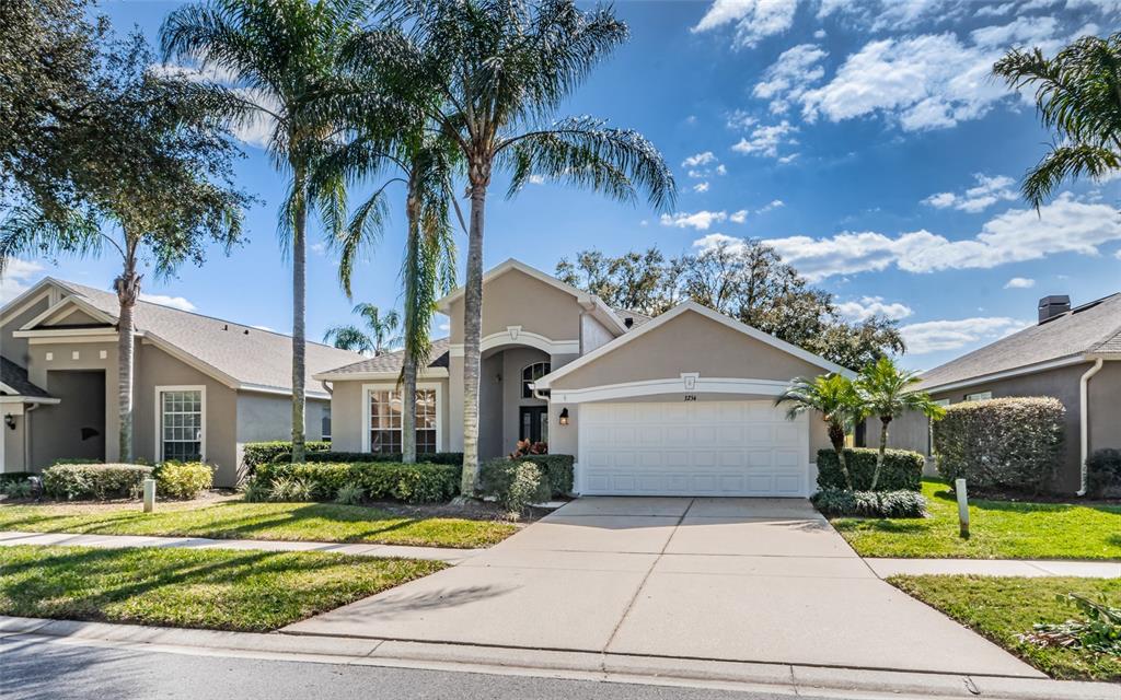 A single-story suburban house with a two-car garage, palm trees, and a concrete driveway — 3254 STONEBRIDGE TRAIL, VALRICO, FL