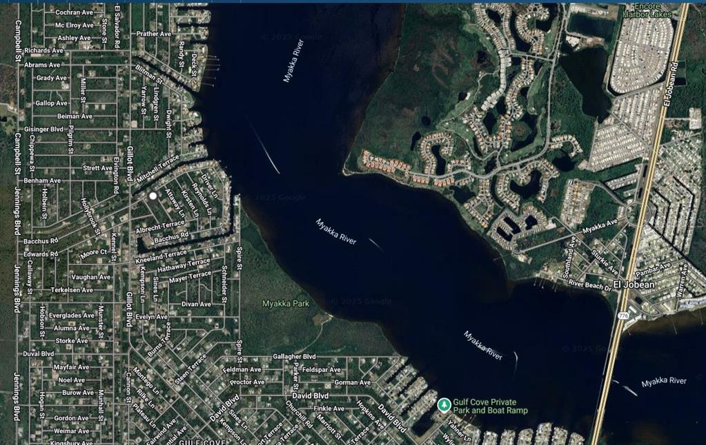 This is an aerial map showing the Myakka River and surrounding residential streets in Florida — 4190 AMIS LANE, PORT CHARLOTTE, FL