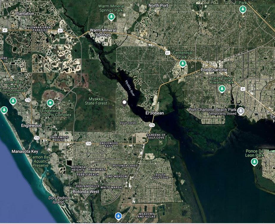 This is a satellite map showing the area around the Myakka River in Florida — 4190 AMIS LANE, PORT CHARLOTTE, FL