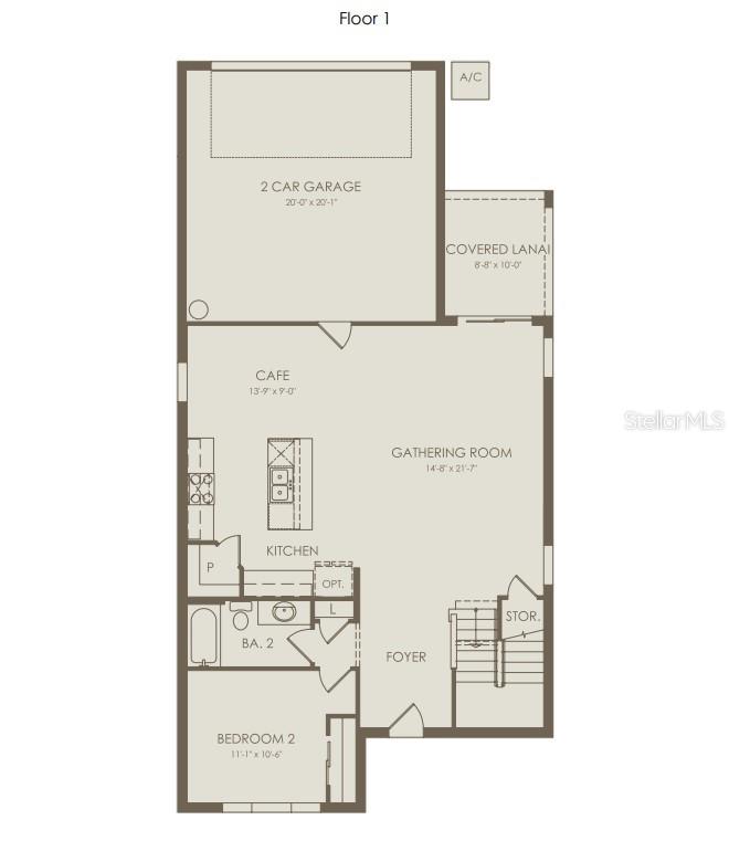 This is a floor plan for the first level of a home featuring a garage — 4713 ORANGE FLORA ALLEY, CLERMONT, FL